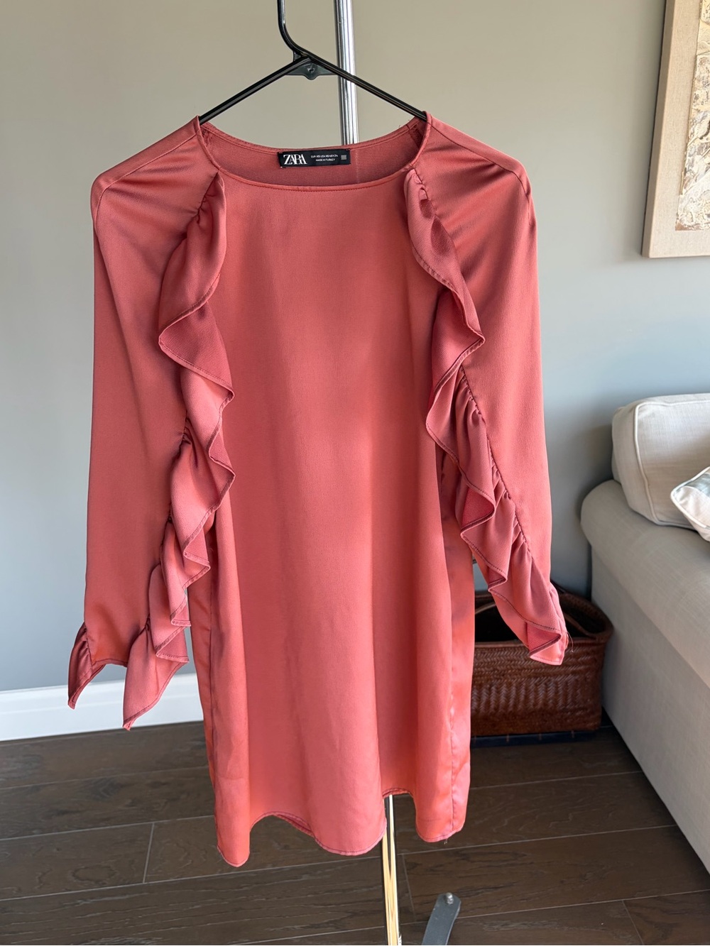 ZARA Mini Flowing Dress with Ruffle Trip | Pink/Mauve | XS